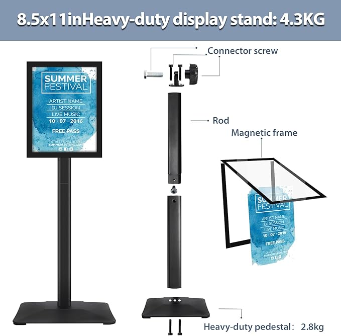 STANDNEE Heavy-duty 8.5x11 in Sign Stand Holder Floor Stand Sign, Poster Display Standing Signs with PVC Magnetic Frame & Heavy-duty pedestal, Black