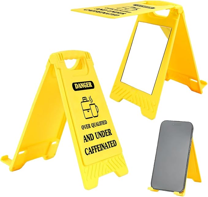 Funny Office Desk Accessories,Office Cubicle Decor, Caution Desk Decor,Phone Holder Mirror Acrylic Table Signs，Sarcastic Quote Novelty Gift for Coworkers Graduates Coffee Lovers HR (Over Qualified)