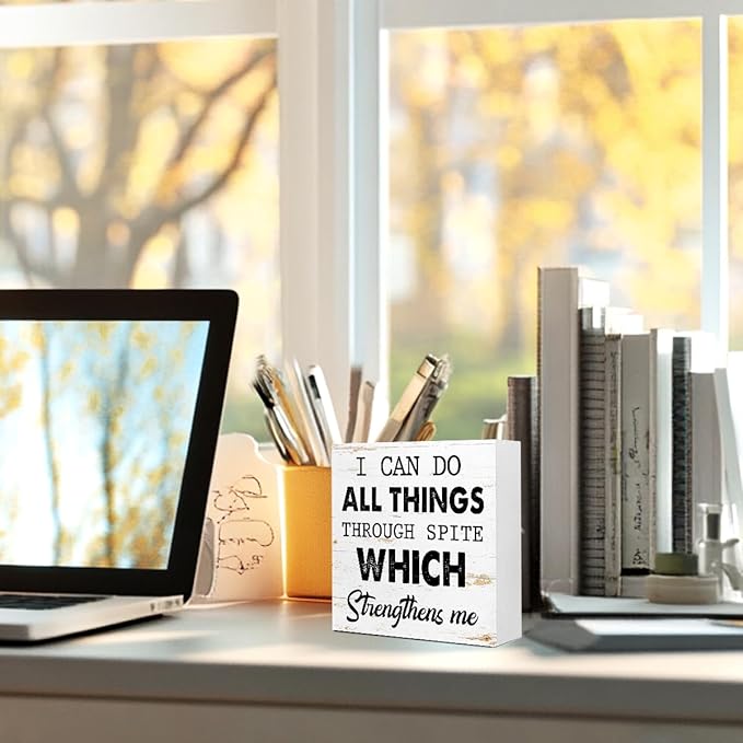 WUZYOU I Can Do All Things Through Desk Sign Wood Block Decor, Inspirational Office Wood Box Sign, Motivational Desk Accessories for Women Office Shelf 5x5x1 INCH