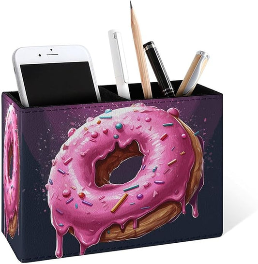 Famame Round Pink Dount Pencil Holder for Desk, Leather Desktop Container Pen Cup Storage Study Table Pen Organizer Makeup Brush Holder for Classroom Office Home