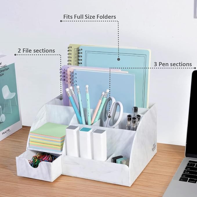 My Space Organizers Marble Desk Organizer For Office Supplies And Accessories - 9 Sections - Pencil Pen Holder Storage - Desktop Organization Decor Essentials (White Grey Marble)