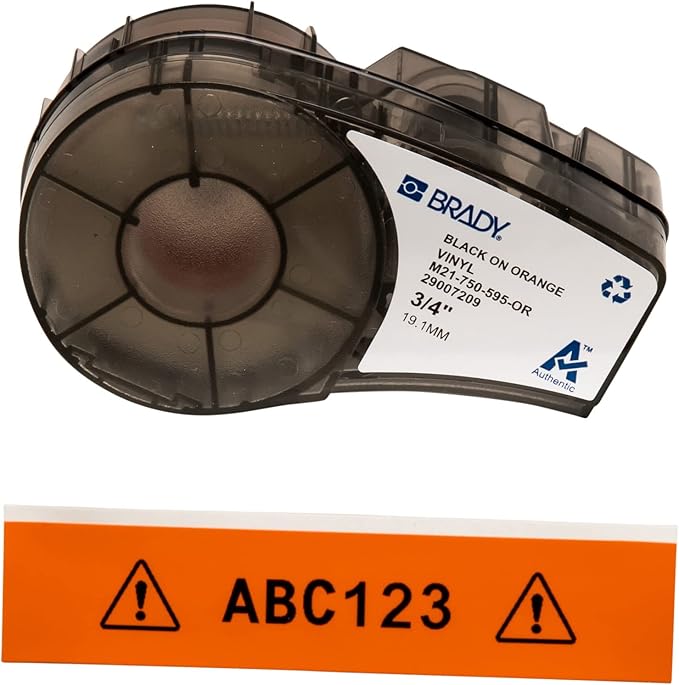 Brady Authentic (M21-750-595-OR) All-Weather Vinyl Label for Indoor/Outdoor ID, Lab and Equipment Labeling, Black on Orange- For M210, M210-LAB, M211, BMP21-PLUS and BMP21-LAB Printers, .75" W, 21' L