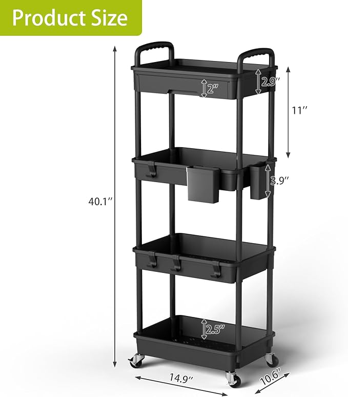 Sorgion 4 Tier Rolling Cart Organizer,Art Craft Diaper Bedside Snack Laundry Room Bathroom Organizer Narrow Thin Slim Rolling Trolley Utility Cart with Wheels for Kitchen,Office(Black)