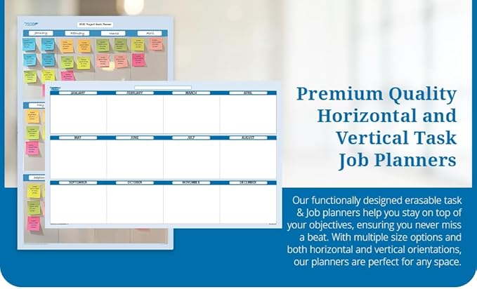 Sky Blue 12 Section Task, Objective and Goals Planning System Horizontal 24" Tall x 36" Wide. Wall Tray, Dry-Erase Marker, Eraser and 600 Sticky-Notes