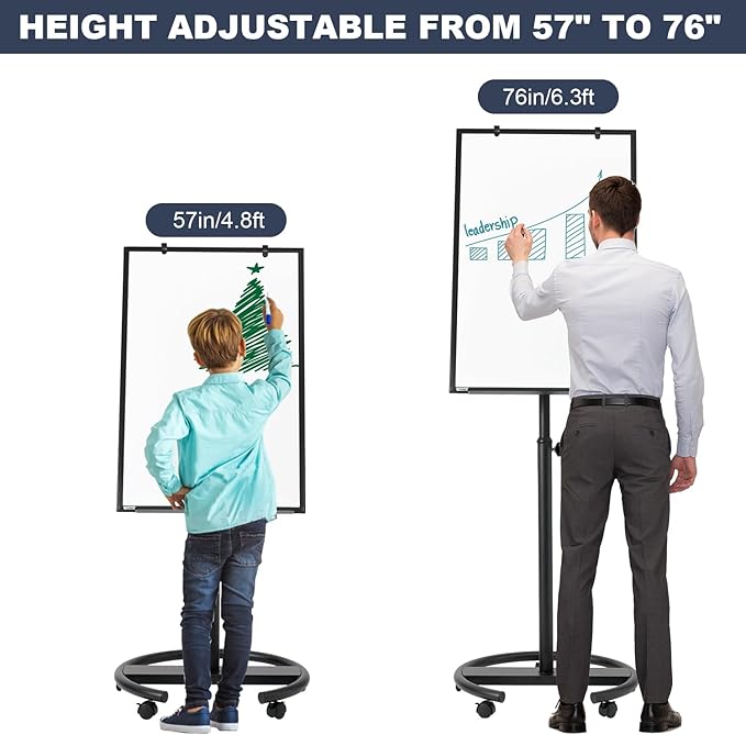 Mobile Whiteboard, 36” x 24” Magnetic Portable White Board on Wheels, Height Adjustable Standing Dry Erase Board with Stand, Easel Style Rolling Whiteboard for Classroom, Office, Teacher, Home