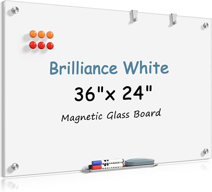 MaxGear Glass Whiteboard, Tempered Magnetic Dry Erase Board Ultra White, Frameless Wall Mounted, Office Classroom Conference Room Home Use, Includes Markers, Eraser, Magnets & Mounting Kit