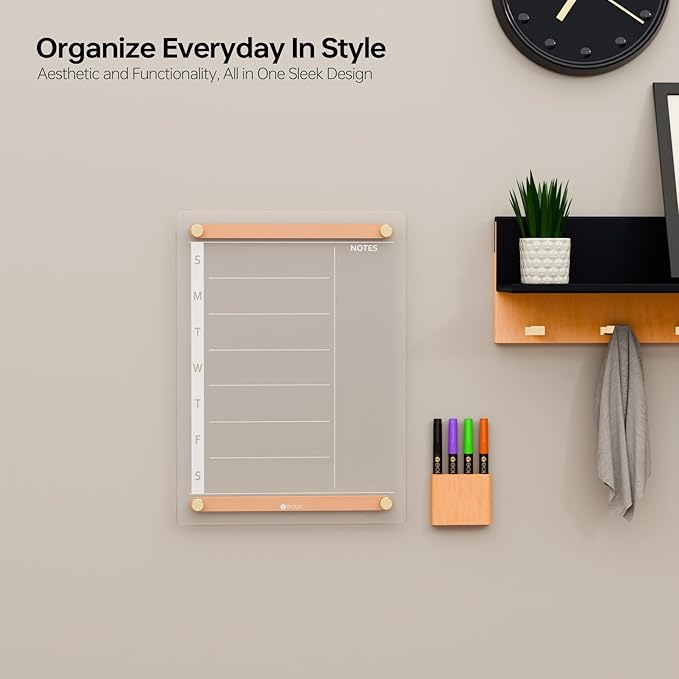 Clear Glass Weekly Dry Erase Calendar Whiteboard with Wood Decoration for Wall, Menu & Meal Planner White Board for Home Kitchen, 15x11, Wood Marker Holder and 4 Markers Included, Yeoux