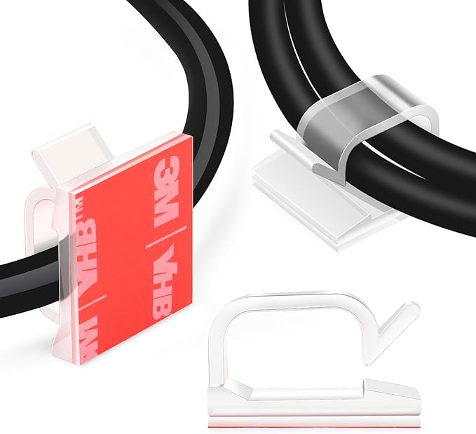 60 PCS XHF 5/8” Adhesive Cable Wire Clips Clear, Outdoor Christmas Light Clips, Cable Staples Cable Management Wire Organizer Cord Holder for Under Desk, Car, Wall, TV PC Ethernet Cable