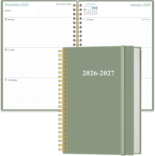 2026-2027 Planner - 18 Months Weekly & Monthly Planner from January 2026 - June 2027, Spiral Planners 2026-2027 with Elastic Closure, Inner Pocket, Medium 5.8" x 8.3", Green