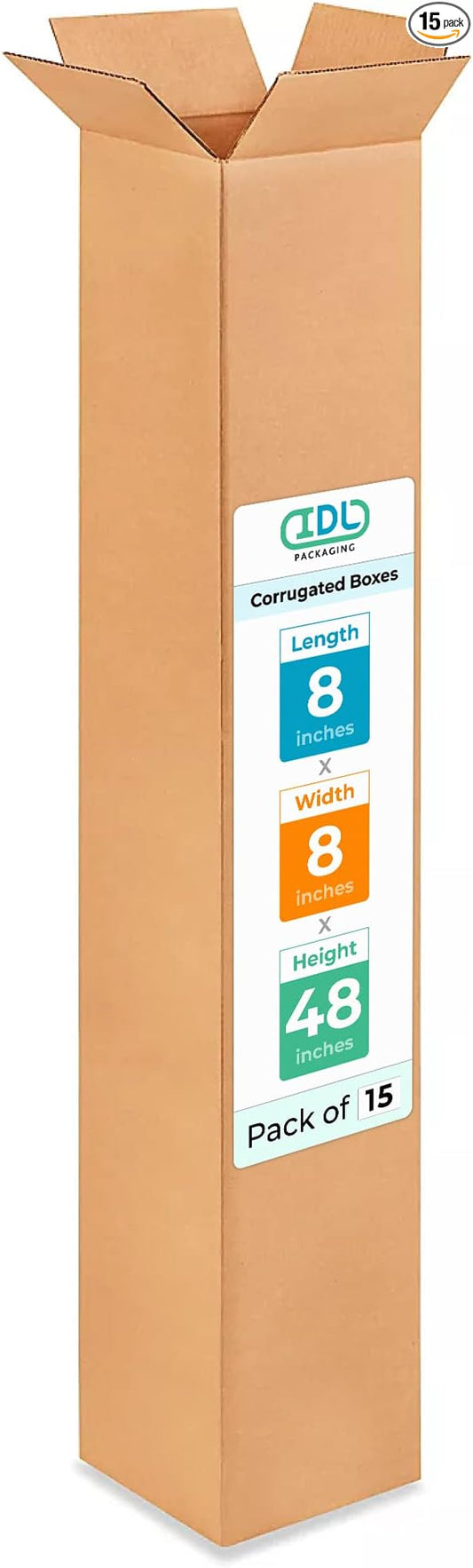 Tall Moving & Shipping Boxes 8"L x 8"W x 48"H (15-Pack) - Extra Strength 200 lb vs Regular - Corrugated Durable Moving Boxes - Corrugated Packaging Box - Packing Supplies Box by IDL Packaging