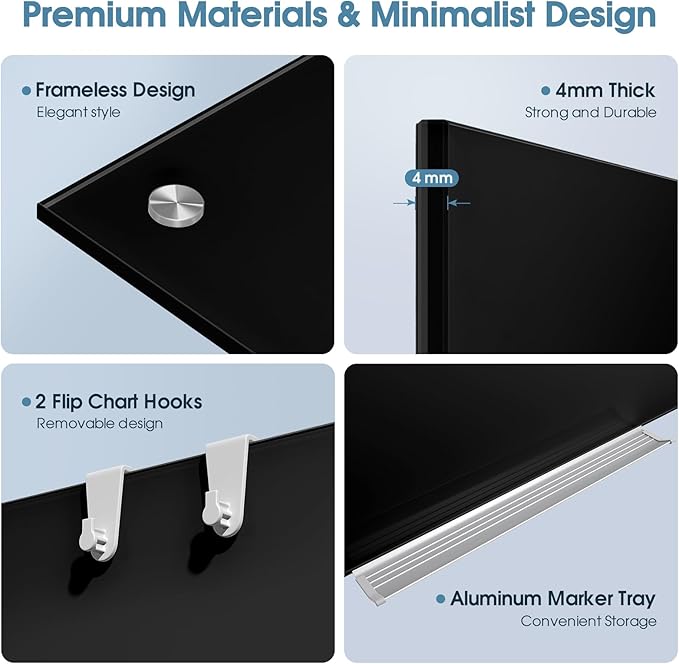 MaxGear Glass Whiteboard, Tempered Magnetic Dry Erase Board 48 x 36 Inch, Frameless Wall Mounted, Office Classroom Conference Room Home Use, Includes Markers, Eraser, Magnets & Mounting Kit