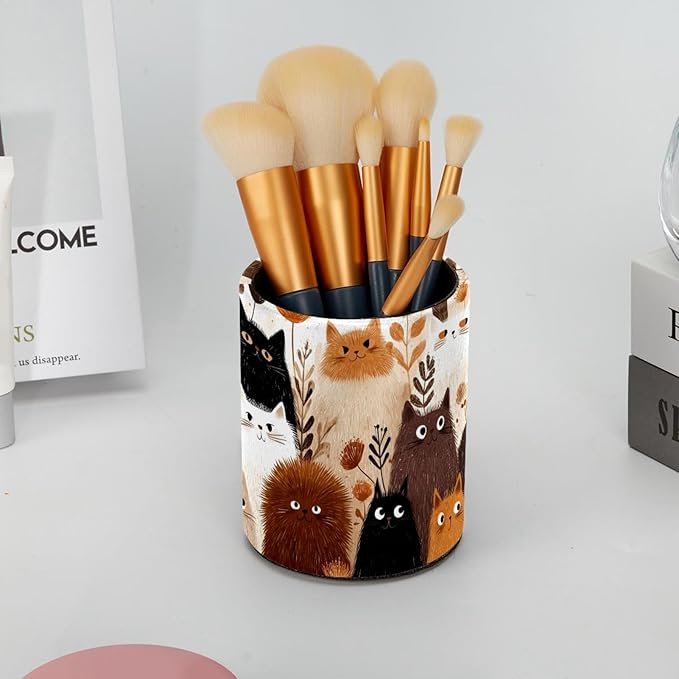 Leather Pen Holder for Desk Abstract Colored Cats Pencil Cup Desktop Organizer Makeup Brush Holders Office Supplies for Home, Kids & School