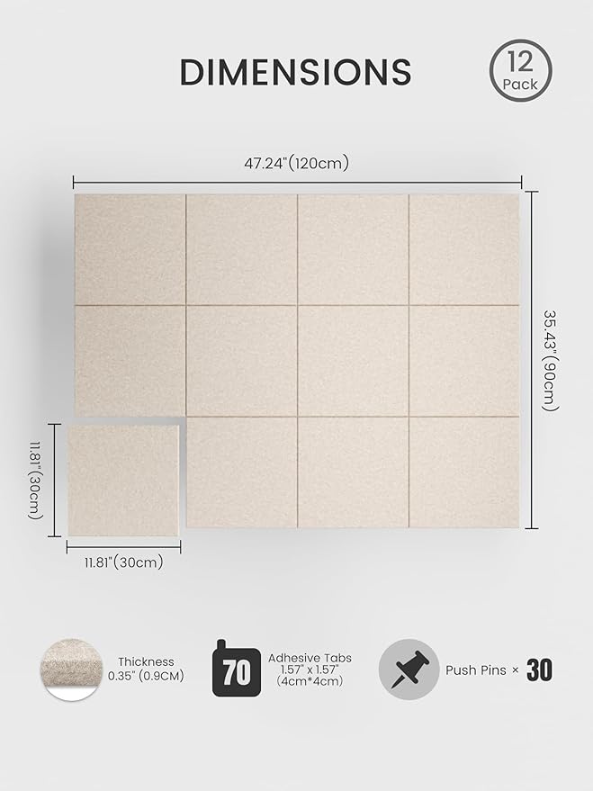 Bumusty Large Cork Board 47"x35" Alternative - 12 Pack Felt Wall Tiles with 70 Safe Removable Adhesive Tabs, 30 Pushpins, Cork Boards for Walls Pin Board Bulletin Board Office Decor (Oatmeal)