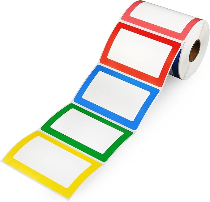 LotFancy 500pcs Name Tag Stickers, 3.5" x 2.25", 5 Colors, Plain Labels, Adhesive Tags with Perforated Line for School Office Home