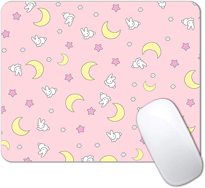 IMAYONDIA Pink Kawaii Mouse Pad, Cute Moon Bunny Small Mouse Mat，Aesthetic Anime Mousepad for Women Kids Office Home School, Computer PC Laptop Mice Pad, 9.5 x 7.9 Inch