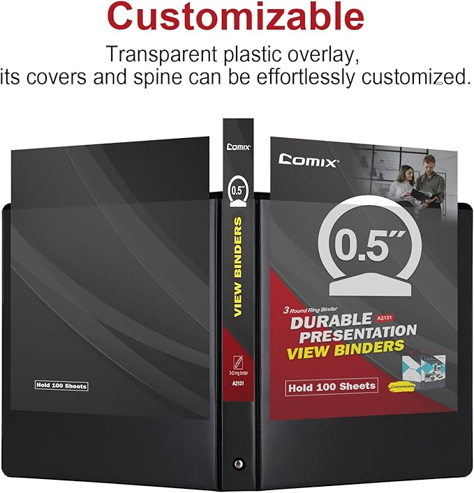 COMIX Sturdy 3 Ring Binder 0.5 inch with Clear View Cover, 1/2" Round Ring View Binder, PVC-Free, 2.4mm-Thick, 100 Sheets Capacity of US Letter Size Paper, Office ＆ School Supplies, Pack of 12 (Black)