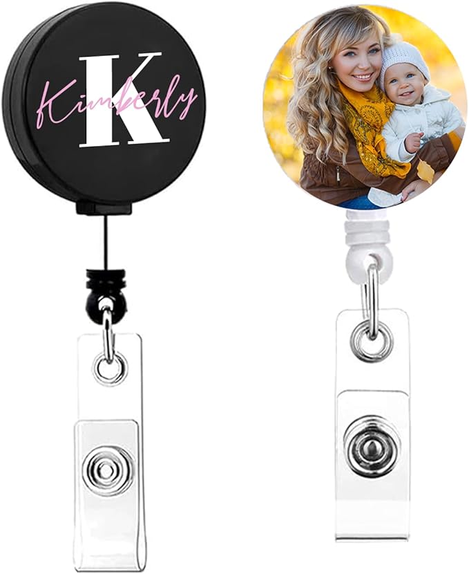 Custom Retractable ID Badge Holder Clip, Personalized Badge Reel with Logo Photo Text for Office Worker, Medical MD RN, Nurse, Doctor, Teacher, Student,Round 1.26 inch,1,2,10,50 Bluk