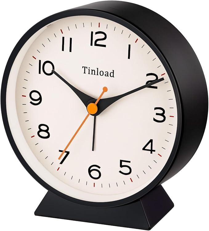 Tinload 4.5" Battery Operated Retro Analog Alarm Clock, Small Silent Bedside Desk Clock,Lighted on Demand, Battery Operated, Snooze, for Living Room, Bedroom, Bedside, Desk(Black)