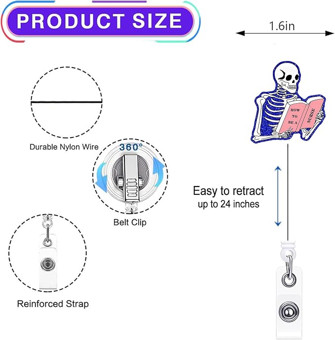 2Pcs Funny Skeleton Office Badge Reel Retractable for Nurse, Doctor, Medical Worker Nursing Student | Cute Pediatric Nurse ID Name Badge Holder 24” Durable Nylon Retractable Cord with Alligator Clip