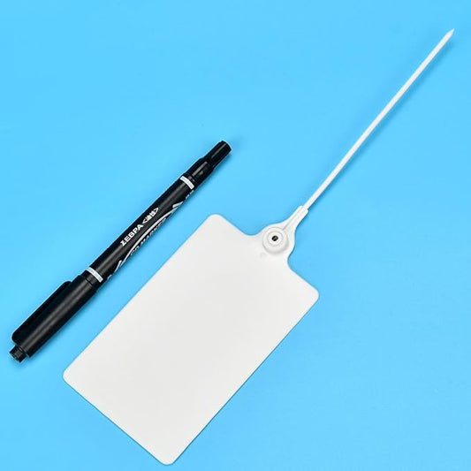 100 Plastic Shipping Tags - Waterproof, Writable Labels for Security, Storage, Hanging - With Marker Pen (White)
