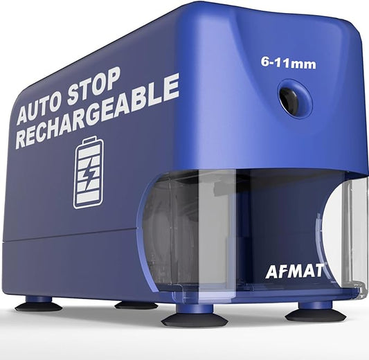 AFMAT Electric Pencil Sharpener, Cordless & Rechargeable, Heavy Duty Classroom Pencil Sharpeners for 6-11mm Pencils, Auto Stop, 2s Fast Sharpening, Battery Powered, 10,000 Sharpenings, Blue, PSD3