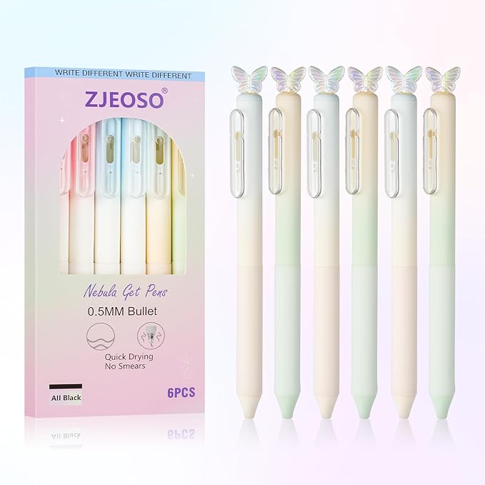 ZJEOSO Gel Pens Fine Point,6 Pcs 0.5mm Quick Dry Black Ink Pens Fine Point Smooth Writing Pens,With Aesthetic Gradient Cute Office School Supplies Gifts for Women (Gradient-2A, Black)