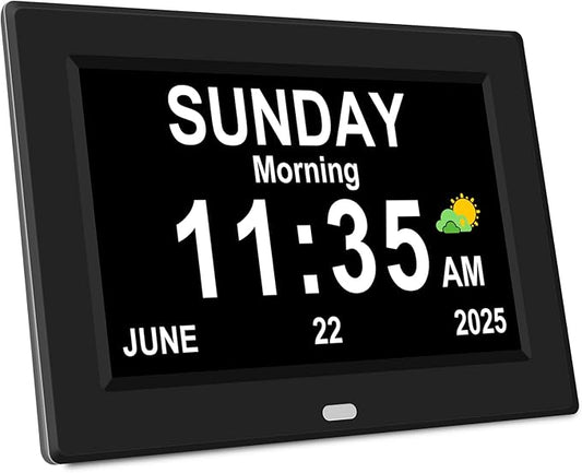 8‘’ Digital Calendar Day Clock, Gifts for People with Dementia Alzheimers, Large Display Alarms Clock for Seniors Electric Clocks with Date Day of Week 12 Alarms 4 Colors Auto DST/Dimmer