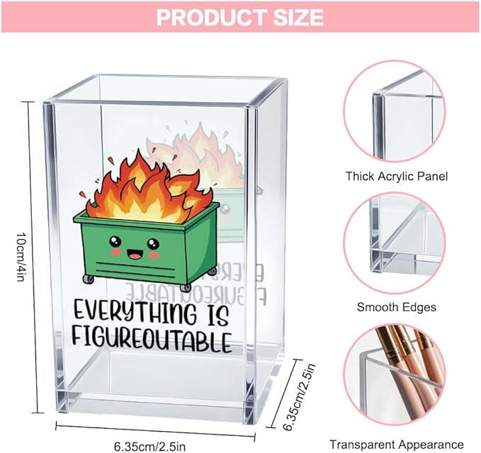 Vgrti Everything is Figureoutable Acrylic Cosmetic Pencil Pen Holder Cup, Emotional Dumpster Fire Pencil Pen Holder Cup, Therapy Gifts, Mental Health Gifts for Women Colleague Boss Teacher