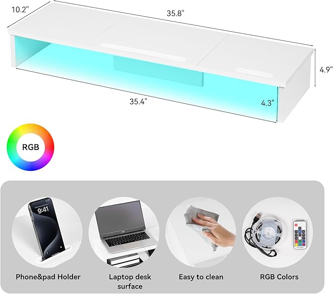 Qupui Dual Monitor Stand Riser with LED Lights and Phone Tablet Holder, 35.8in Large Monitor Stand for Desk, Computer Monitor Stand for 2 Monitors, Desktop Shelf Organizer for Laptop, Printer, TV
