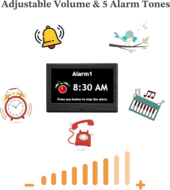 7'' Dementia Clock For Seniors, Large Display Digital Clock With Date, Time, Day Of Week for Elderly, Alzheimer, 1024*600P HD, 10 Reminders & 7 Alarms, Auto Dimming & DST, Remote Control, Woodgrain