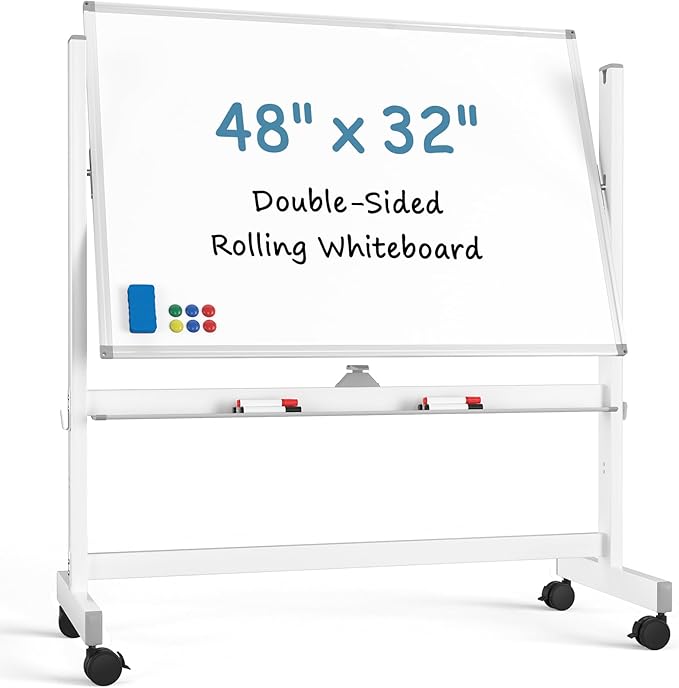 MaxGear Rolling Whiteboard, 48 x 32 Inch Double-Sided Magnetic Dry Erase Board on Wheels, Height Adjustable Mobile Whiteboard with Locking Casters for Office, Classroom, Home