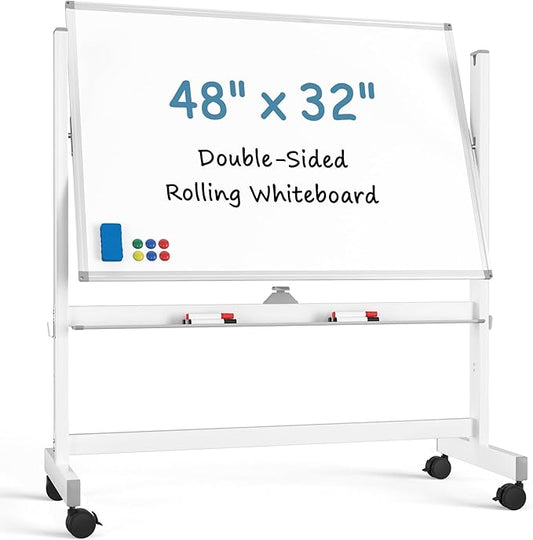 MaxGear Rolling Whiteboard, 48 x 32 Inch Double-Sided Magnetic Dry Erase Board on Wheels, Height Adjustable Mobile Whiteboard with Locking Casters for Office, Classroom, Home