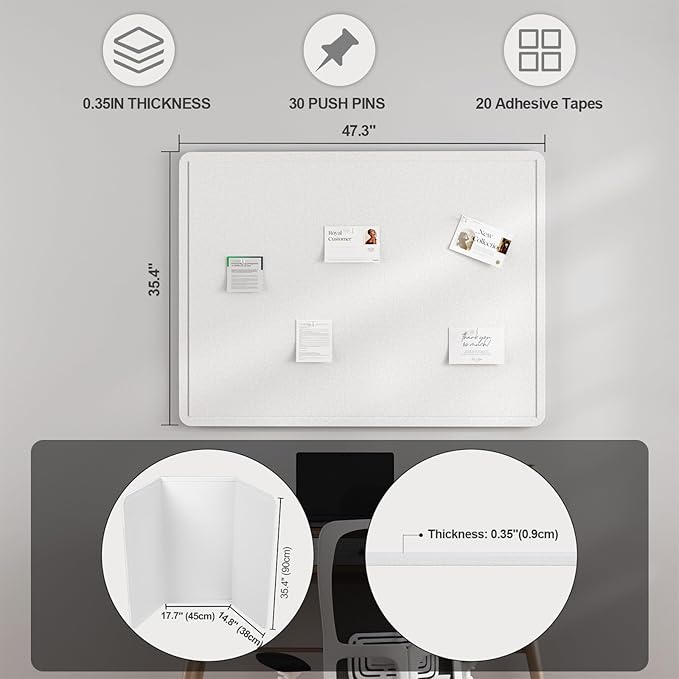Large Felt Bulletin Board for Wall, 48"x36" Frameless Picture Board, Soft Felt Cork Board for Office, Home Planning & Office Wall Decor, Easy Install Pin Board
