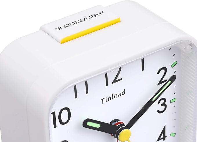 Tinload Small Battery Operated Analog Travel Alarm Clock Silent Non Ticking, Gentle Wake, Ascending Beep Sounds, Snooze,Lighted on Demand, Easy Set(White)