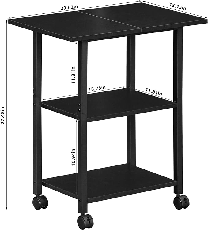 Lerliuo 3-Tier Printer Stand, Industrial Mobile Printer Table with Storage Shelf and Steel Frame, Rolling Printer Cart Holder with Lockable Wheels for Home, Office (Black)
