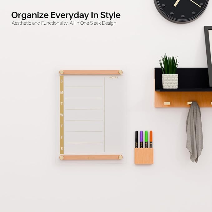 Clear Gold Glass Weekly Dry Erase Calendar Whiteboard with Wood Decoration for Wall, Menu & Meal Planner White Board for Home Kitchen, 15x11, Wood Marker Holder and 4 Markers Included, Yeoux