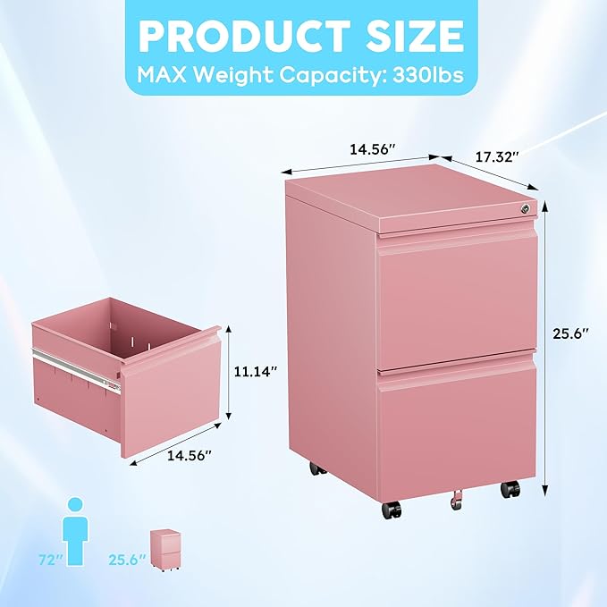 METAN 2 Drawer File Cabinet with Lock, Mobile Under Desk Filing Cabinet for Office Legal/Letter Size, Fully Assembled Except Wheels,Pink