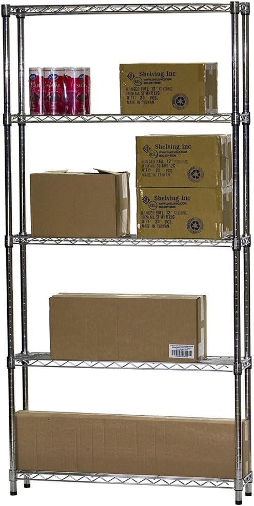 Shelving Inc. 8" d x 36" w x 72" h Chrome Wire Shelving with 5 Tier Shelves, Weight Capacity 800lbs Per Shelf