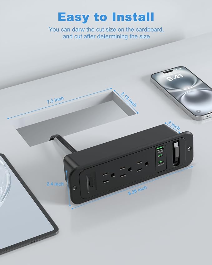Recessed Power Strip with Retractable USB C Cable,2 PD 20W USB C,Flush Mount Countertop Drawer Outlet, Furniture Hidden Outlet for Side Table,End Table,3 Outlets (Black, 6FT-20W USB)