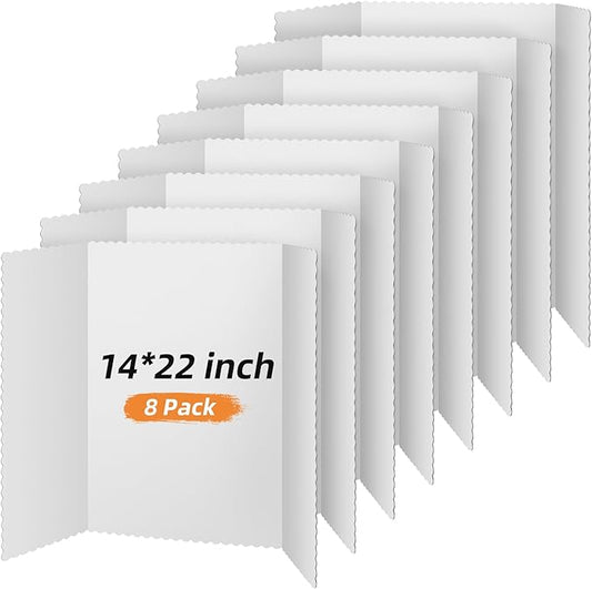 Henoyso 8 Pcs 14 x 22 Inch White Trifold Poster Board Large Tri Fold Presentation White Display Board Foldable Paperboard for Science Fair School Business Project Exhibition