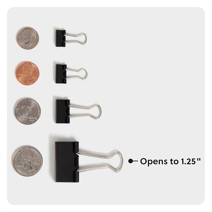 U Brands Binder Clips, Medium 1-1/4" Width, 1/2" Paper Holding Capacity, Black and Silver Steel, 96-Count
