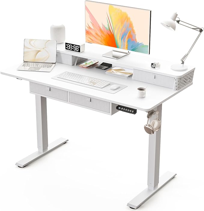 Kingant 48 x 24 Inch Electric Standing Desk with 4 Drawers, Height Adjustable Sit to Stand Computer Desk with Storage Shelf and C-Clamp Mount Compatibility for Home Office, White