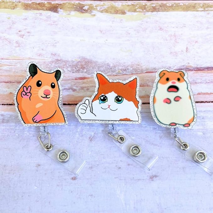 3PC Meme Animals Badge Reels Cute Funny Meme Hamster Crying Cat Cartoon Retractable ID Clip Holder Nurse Accessories Decorative Office Supplies Gifts for RN Healthcare Workers Medical Assistant