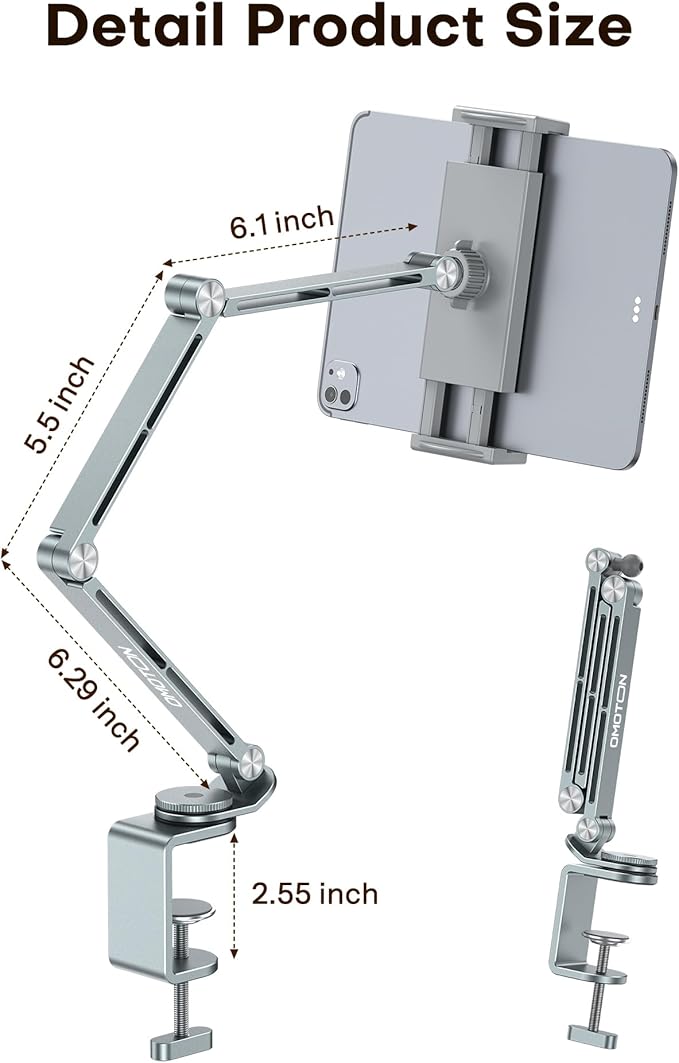 OMOTON GH03 Adjustable Tablet Stand for iPad, Desk Phone Holder for Bed with 2 Clamps, Flexible Aluminum Alloy Mount with 360° Rotation for 4-13" Devices