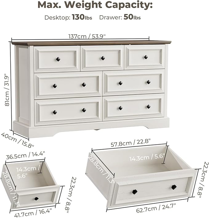 VVFLU Farmhouse 7 Drawer Dresser for Bedroom, 54" Wide Wooden Dresser with Natural Texture & Vintage Metal Knobs, Large Chest of Drawers for Bedroom, Living Room, Hallway, Antique White