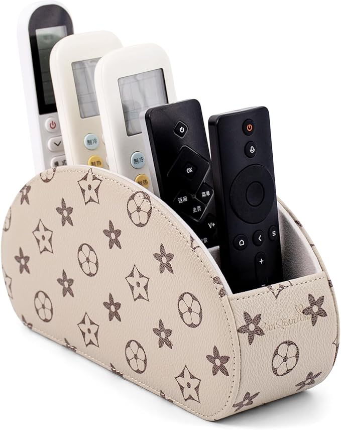 Remote Control Holders Organizer Box with 5 Compartment PU Leather Multi-functional Office Desk Storage Caddy Store Tv Remote for Media Player,Brush,Pencil,Glassees&Office Supplies (Begin+BrownF)