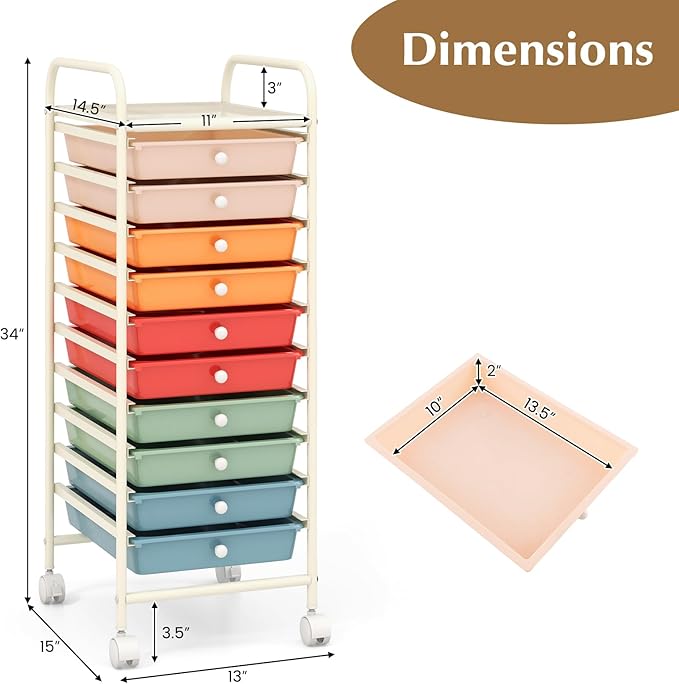GLACER 10 Drawers Rolling Cart, Storage Cart with w/Removable Drawers & Steel Frame, Utility Mobile Trolley w/Universal Casters & 2 Brakes, Organizer Cart for Home, School, Office (Macaron)