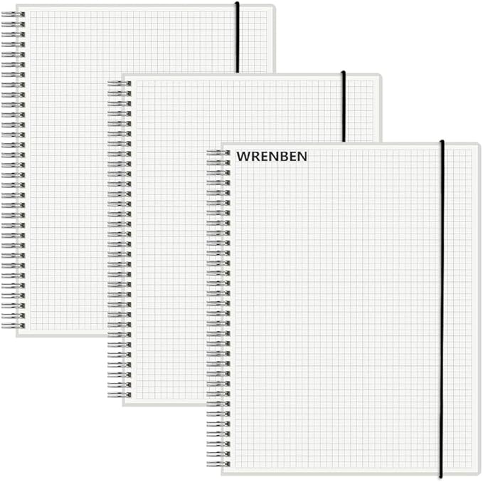 WRENBEN 3PCS Graph Grid 120GSM Thick Paper Spiral Notebooks with Removable Elastic Bands, Medium Size Graphing notebook 5.7" x 8.3" (A5, Grid)