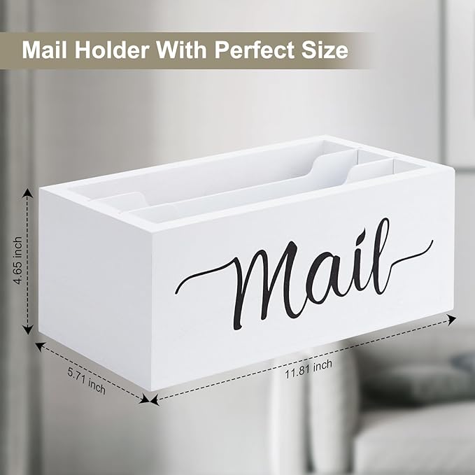 Desk Mail Organizer, Mail Organizer Countertop with 3 Slots, Wood Desk Mail Storage Box, Envelop Holder for Home Office (White-3 Slot)