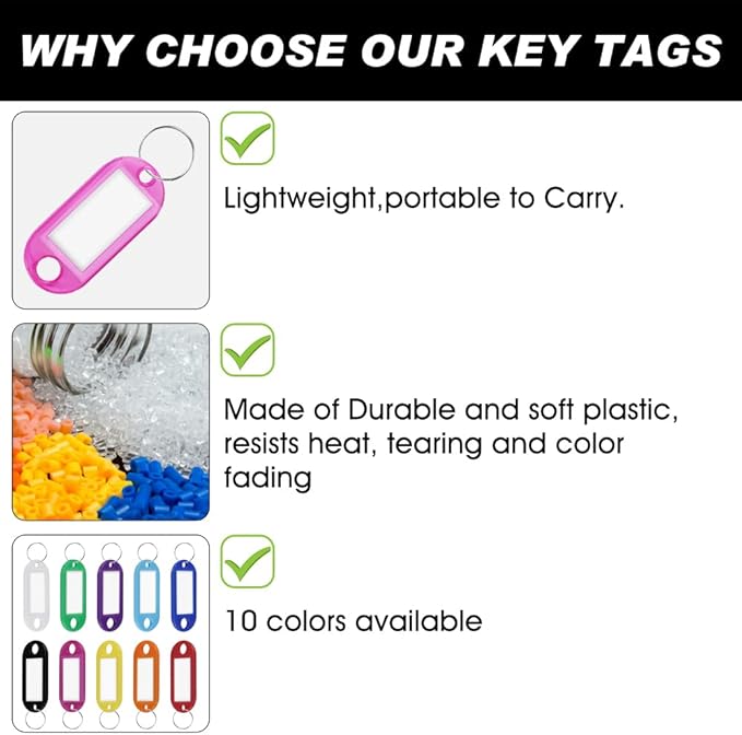 Key Tags, Key Labels, 10 Pack Plastic Key Tags with Ring and Label Window, Key Chain ID Tags/Identifiers for Name, Luggage, Bags, Backpack, 10 Colors